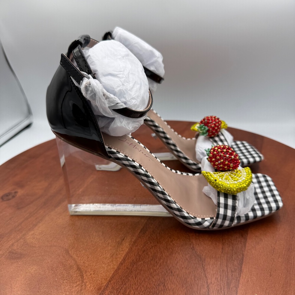 Betsey Johnson Harlen Gingham Fruit Beaded Clear Wedge Sandals‎ Black White 7.5